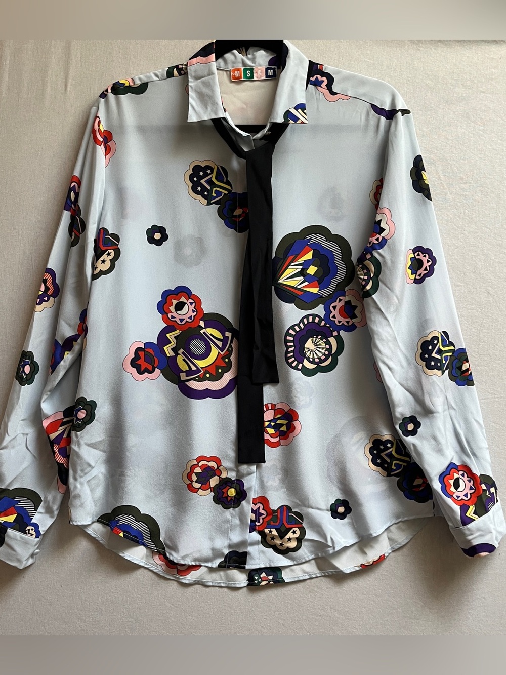 MSGM 100% Silk Floral Graphic Tie Neck Button Down Blouse Shirt Size 12